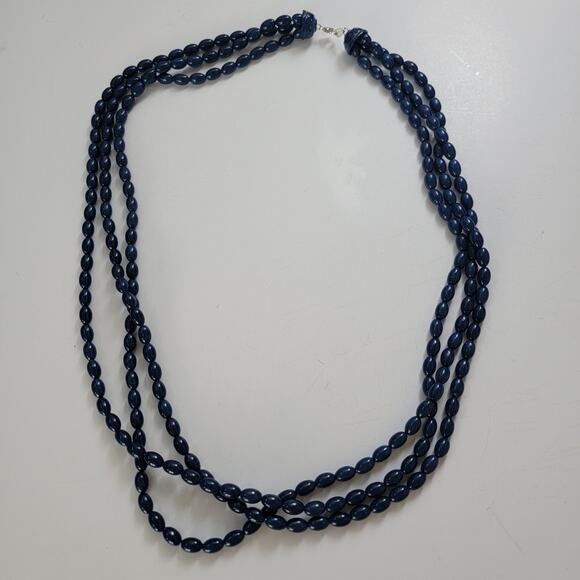 Vintage Multi Strand Navy Blue Beaded Necklace with Decorative Clasp Statement - Picture 3 of 10
